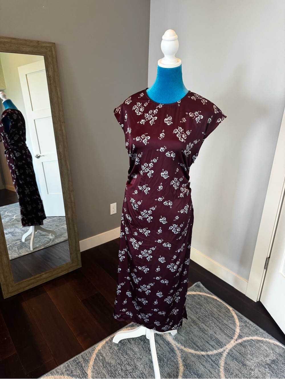 a new day Burgundy Floral Cap-Sleeve Midi Dress